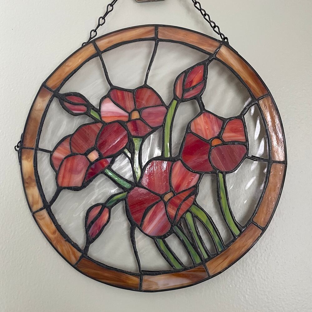 Vintage Round 12" Stained Glass Poppy Flower Suncatcher - Handmade Glass - Picture 3 of 9